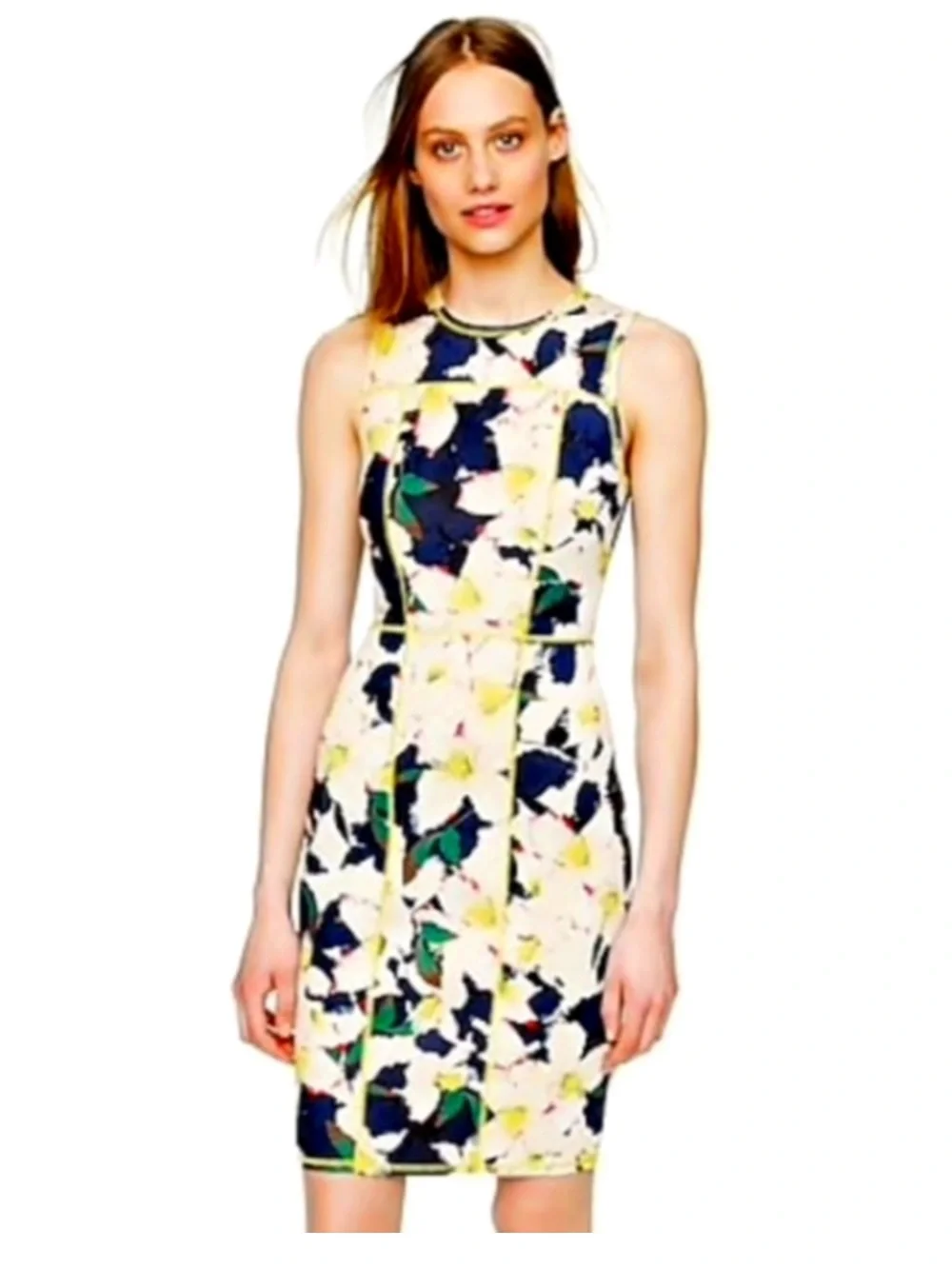 J. Crew Sleeveless Floral Scuba Dress in White, Navy, Yellow, Green